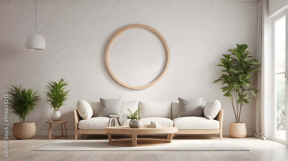 Minimalist living room with round mockup picture frames on the wall. Minimalist living room with round mockup picture frames on the wall.