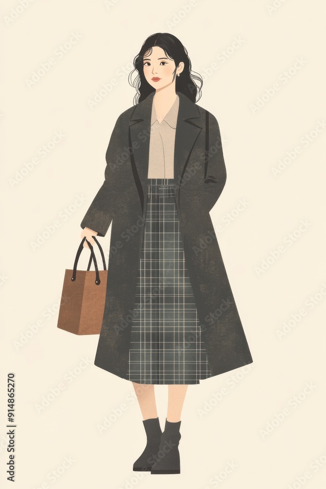 Minimalism illustration, an Asian woman, wearing a wool coat with a fitted blouse and plaid skirt, holding a structured leather tote, classic fashion, boho, flat illustration on soft beige background