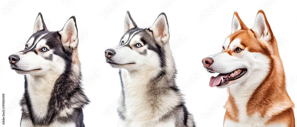 Collection of three dogs spirited Siberian Huskies set isolated on white background Collection of three dogs spirited Siberian Huskies set isolated on white background