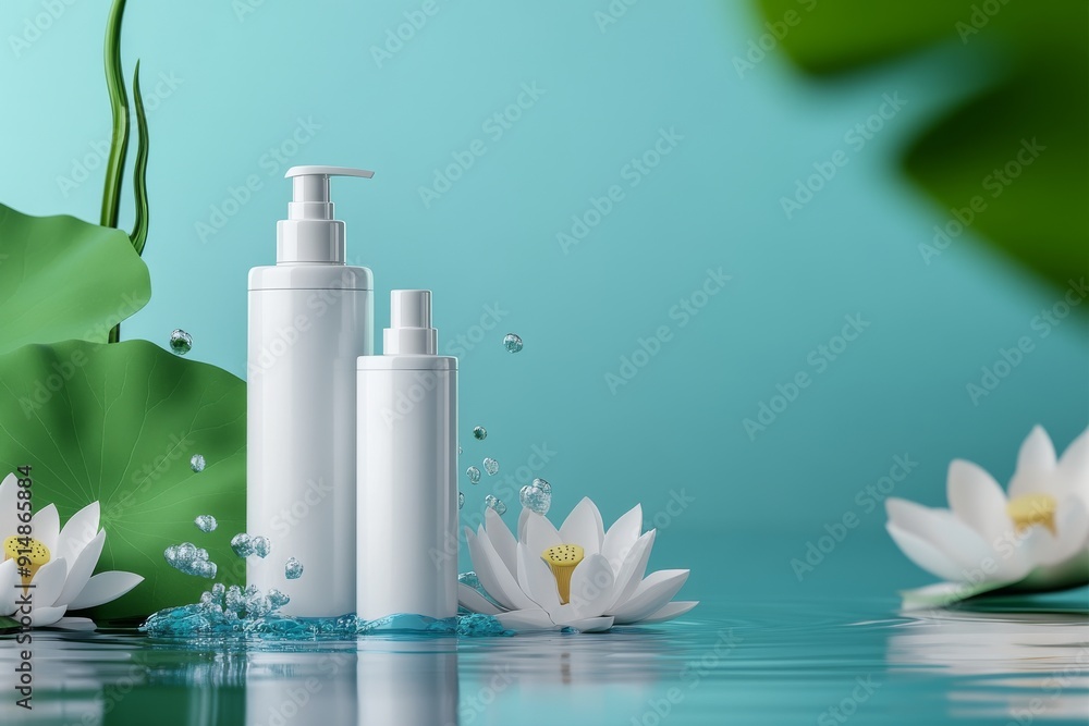 A 3D rendering of two bottles of white skincare products stand on water A 3D rendering of two bottles of white skincare products stand on water