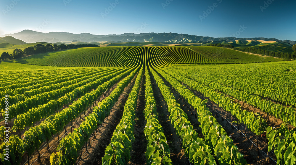 A wide view of a farm of kiwi fruits under a blue sky A wide view of a farm of kiwi fruits under a blue sky