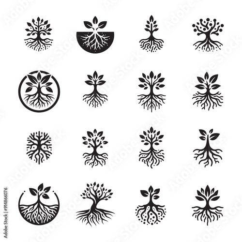 Tree and root logo design, Tree and root icons set, symbol, silhouette of tree, logo style vector tree, tree roots vector icon