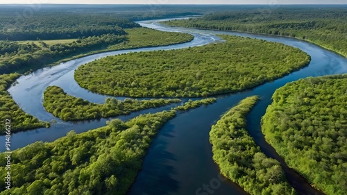 An aerial view of the river meandering through the mountains, forming an interesting shape.