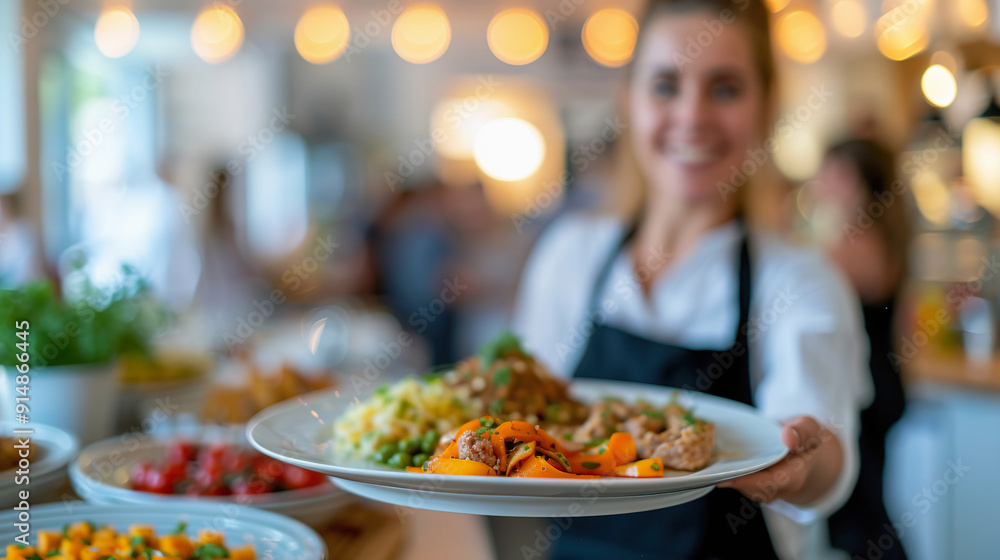 waitress presenting plate of delicious food at busy catering event waitress presenting plate of delicious food at busy catering event