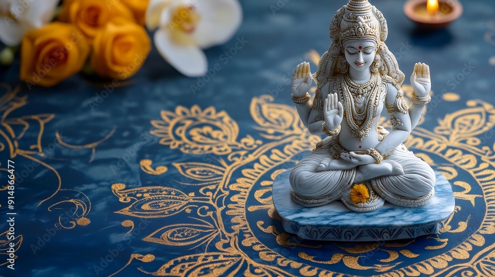 Hindu goddess Lakshmi carving statue on gold rangoli pattern background. Hinduism religion and Indian culture concept. For Diwali, Hindu New Year celebration. Subject shot for wallpaper, poster, card Hindu goddess Lakshmi carving statue on gold rangoli pattern background. Hinduism religion and Indian culture concept. For Diwali, Hindu New Year celebration. Subject shot for wallpaper, poster, card