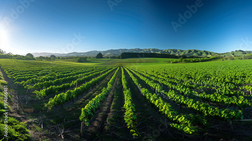 A wide view of a farm of kiwi fruits under a blue sky