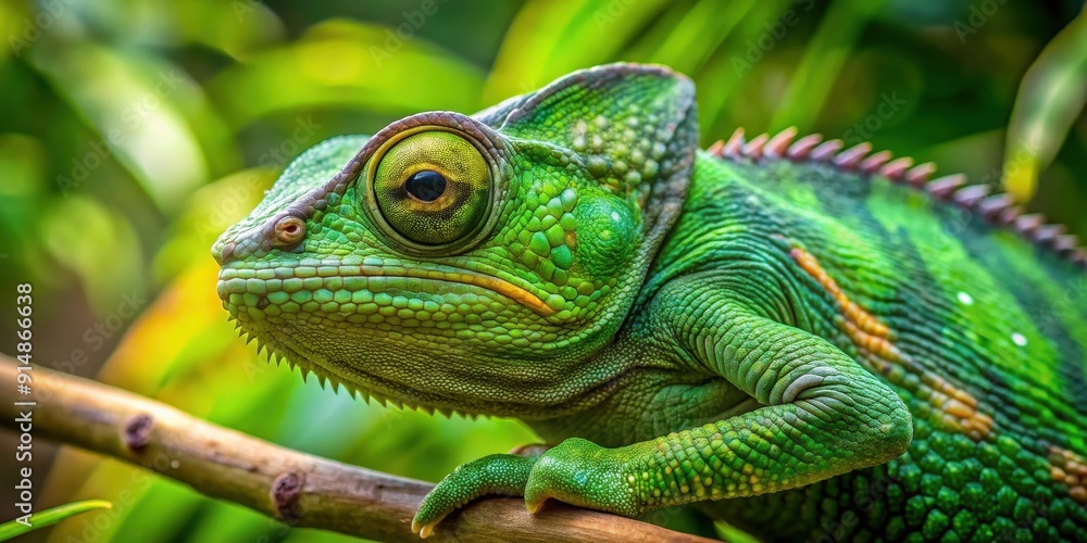 Obraz premium Close up photo of a green chameleon blending into its natural habitat , reptile, chameleon, camouflage, nature, wildlife