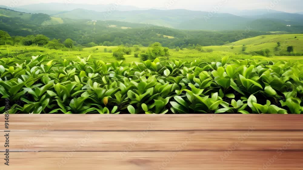 Green tea plantation landscape with mountains in the background on a clear day Green tea plantation landscape with mountains in the background on a clear day