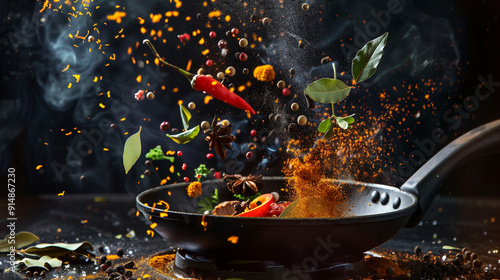 Fototapeta Naklejka Na Ścianę i Meble -  Spices and Herbs Exploding from Skillet in Mid-Cooking
