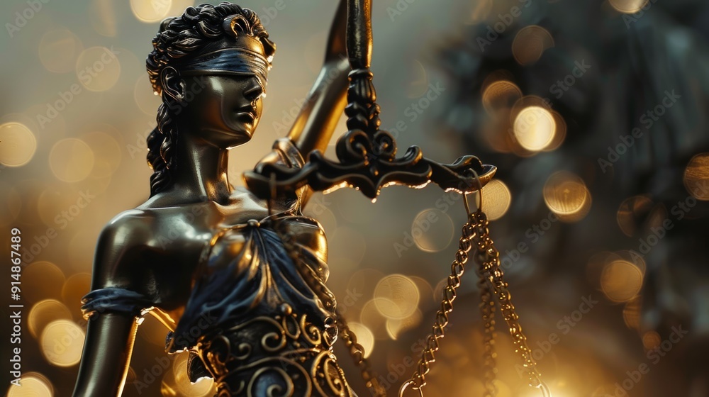 Fototapeta premium Lady Justice Statue with Golden Bokeh Background