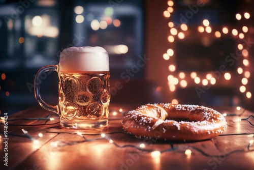 Oktoberfest Cheers: A Frothing Beer Stein and Crispy Pretzel on a Wooden Table, Illuminated by Cozy Festive Lights, Capturing the Essence of German Beer Culture. photo