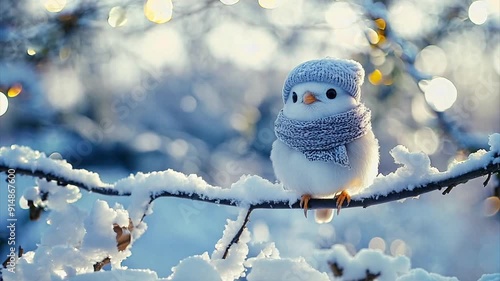 Zooming in on a snowbird wearing a scarf and hat sitting on a snow covered branch on a winter day. photo