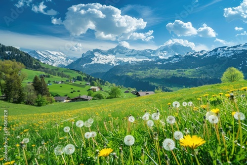 Alpine Meadow with Dandelions and Snow-Capped Mountains