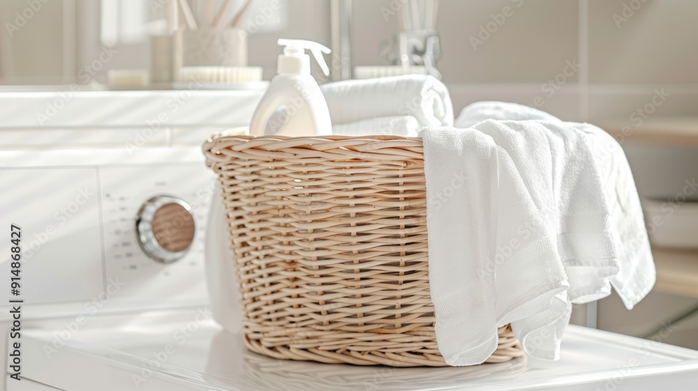 A wicker laundry basket filled with towels in a cozy laundry room with wooden countertops and white cabinets. The concept of home comfort. A wicker laundry basket filled with towels in a cozy laundry room with wooden countertops and white cabinets. The concept of home comfort.