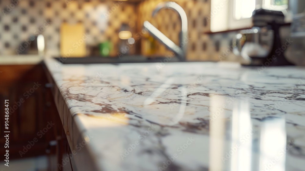 Fototapeta premium Close-up of a Polished Marble Kitchen Countertop