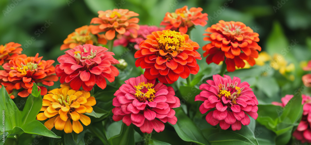 Vibrant Flower Garden Blooming With Colorful Zinnias in Full Spring Sunshine Vibrant Flower Garden Blooming With Colorful Zinnias in Full Spring Sunshine