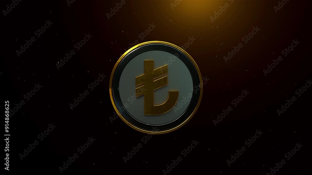 A golden Turkish lira symbol opener centered on a round, metallic background with sparkling grains of glitter dust in the surrounding dark space, Alpha matte included A golden Turkish lira symbol opener centered on a round, metallic background with sparkling grains of glitter dust in the surrounding dark space, Alpha matte included