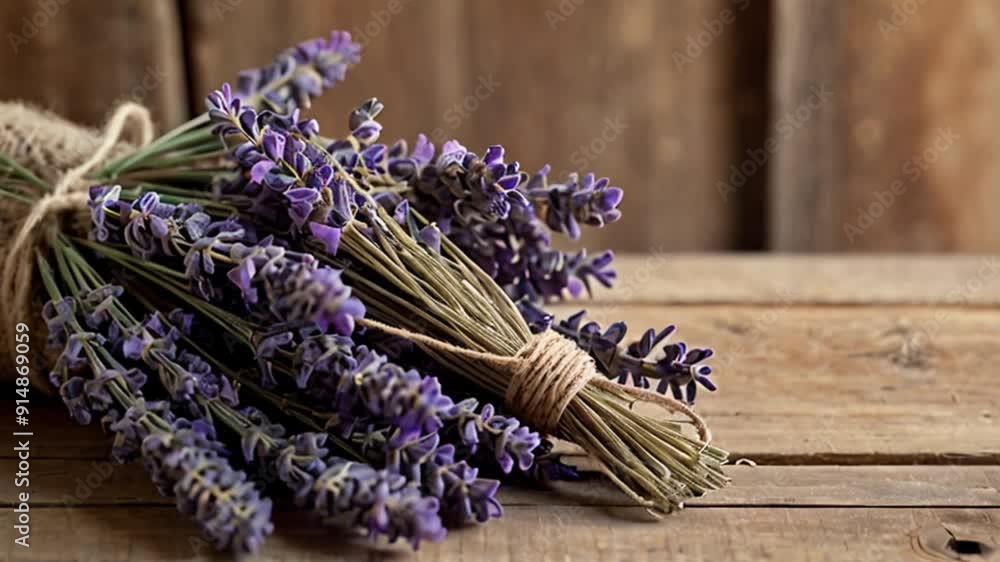 A bundle of dried lavender tied with twine on a rustic wooden table, with soft lighting and a blurred background, creating a serene, nostalgic mood. A bundle of dried lavender tied with twine on a rustic wooden table, with soft lighting and a blurred background, creating a serene, nostalgic mood.