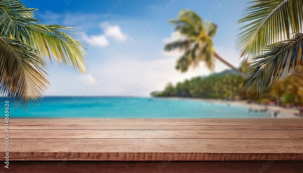 Polished wooden table for product display with a smooth, blurred background of a tropical beach with palm trees Polished wooden table for product display with a smooth, blurred background of a tropical beach with palm trees