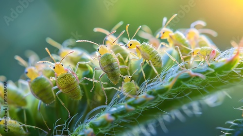 Ants farming aphids on a plant, highlighting mutual benefits in nature, wildlife interdependence preservation, insect symbiosis photo