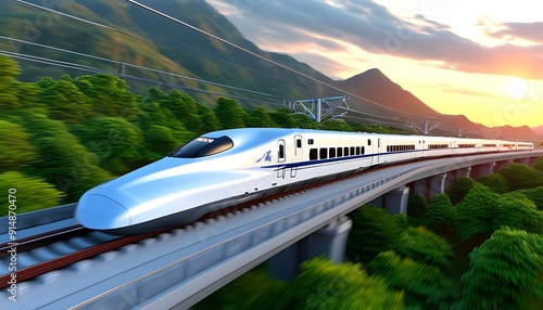 The high-speed train passes through the autumn forest, and the surrounding trees show rich autumn colors.