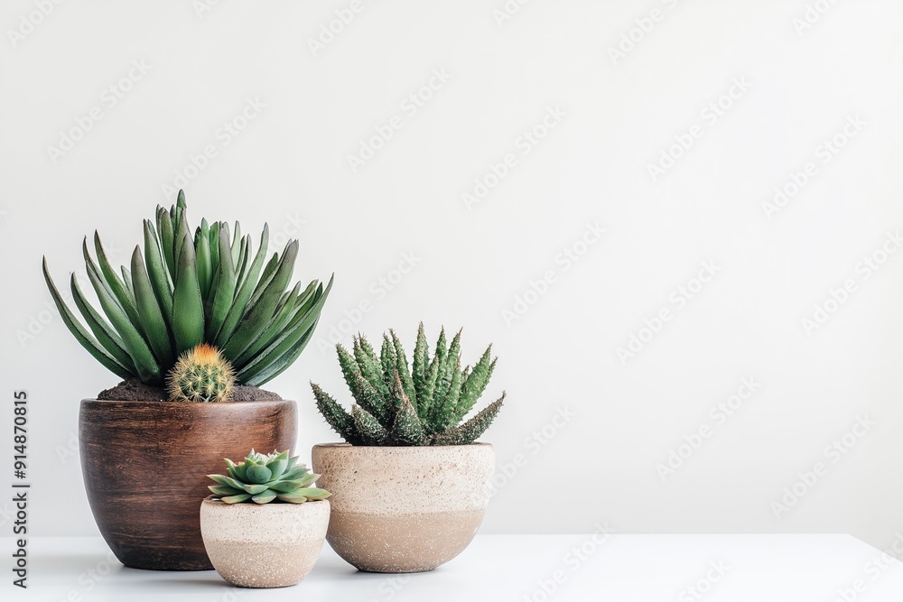Different succulent plants growing in pots on white table Different succulent plants growing in pots on white table