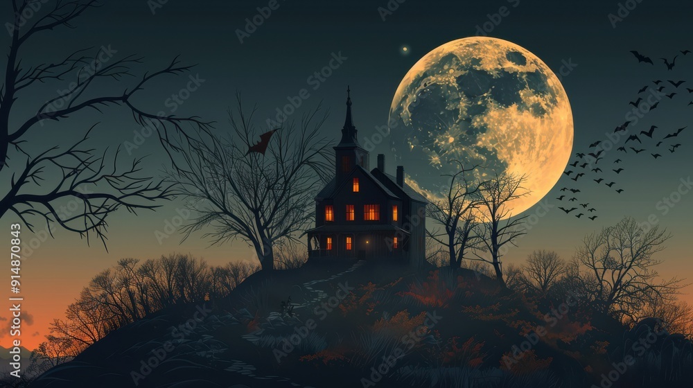 An old, spooky house on top of a hill with a full moon An old, spooky house on top of a hill with a full moon