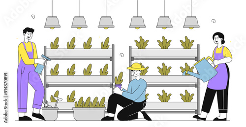 People in greenhouse. Men and woman with watering can take care of tropical leaves and plants in flowerpots. Botany, gardening and horticulture. Linear vector illustration