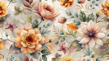 Beautiful colorful floral seamless pattern with hand-drawn watercolor autumn fall colors flowers. 