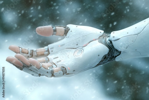 Snow covered robotic hand reaching out in a winter landscape symbolizing isolation and technological advancement. photo