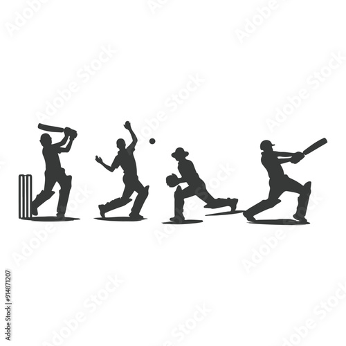 Cricket player, isolated vector silhouette, ink drawing. Cricket logo, Multiple images of a cricket player