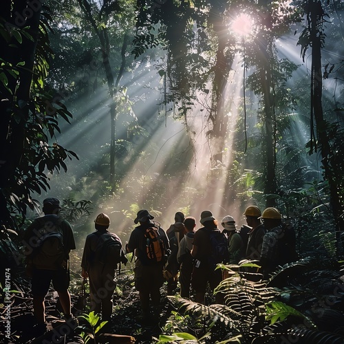 Indigenous people practicing traditional forest conservation methods, forest biosphere protection, cultural heritage photo