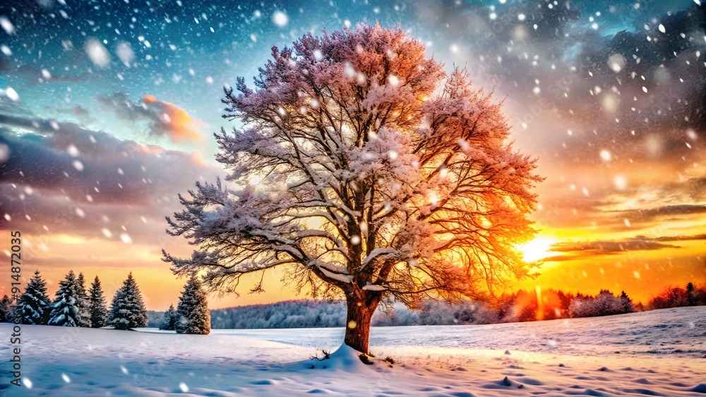 Beautiful tree in winter landscape in the late evening in snowfall. Village after snowfall Beautiful tree in winter landscape in the late evening in snowfall. Village after snowfall