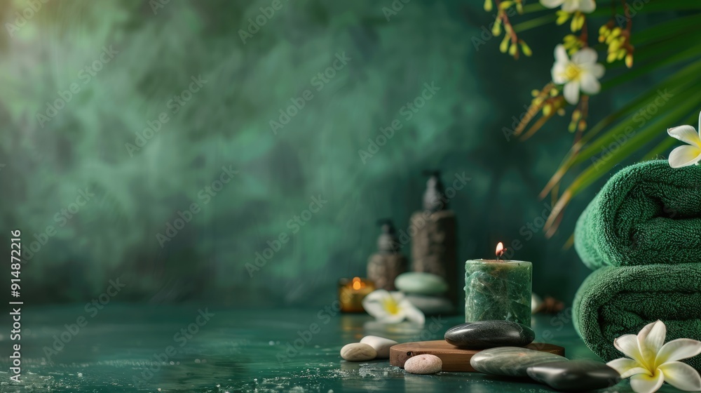 Spa items: candle, stones, towel, flowers on dark green backdrop Spa items: candle, stones, towel, flowers on dark green backdrop