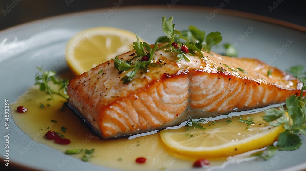 A fresh salmon fish, perfectly plated on a stylish dish, Generative AI A fresh salmon fish, perfectly plated on a stylish dish, Generative AI