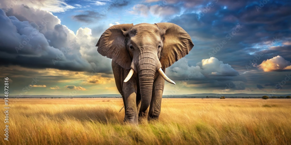 Obraz premium Realistic of a majestic elephant standing in the savannah , African, wildlife, animal, safari, wilderness, nature, big, exotic, mammal
