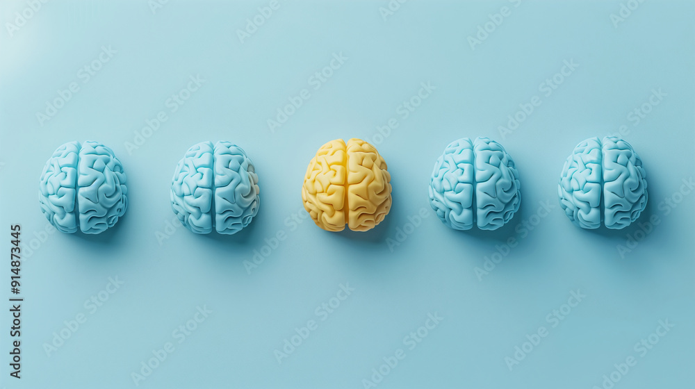 Five brain models in a row with one highlighted in yellow on blue background Five brain models in a row with one highlighted in yellow on blue background