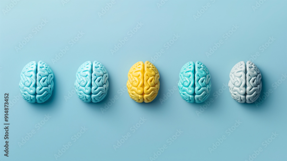 Five brain models in a row with one highlighted in yellow on blue background Five brain models in a row with one highlighted in yellow on blue background