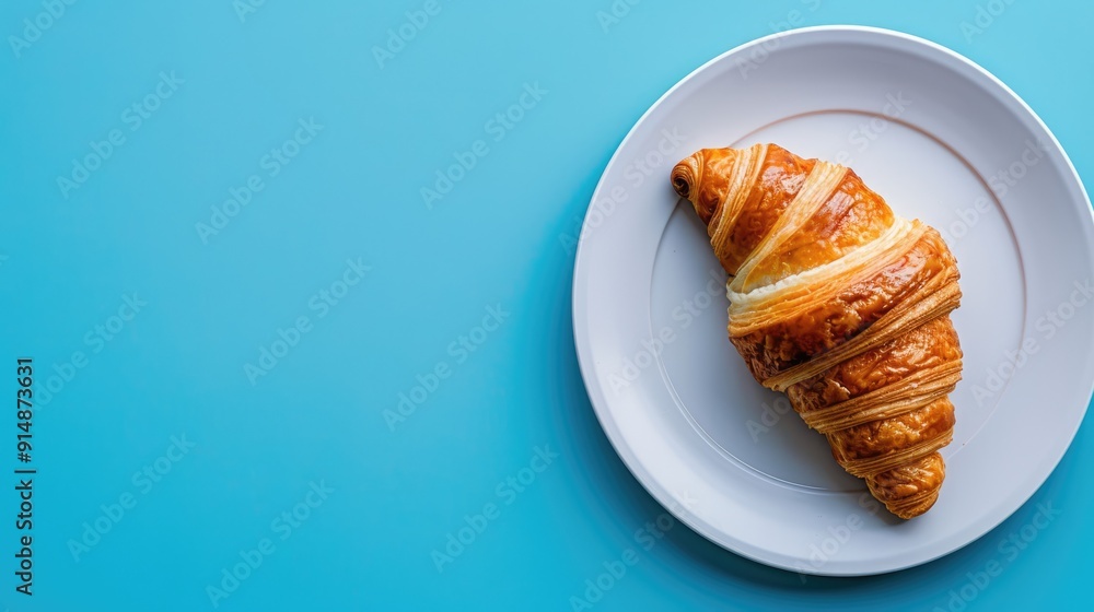 A croissant is placed on a white plate, set against a light blue background. The image showcases a breakfast concept. A croissant is placed on a white plate, set against a light blue background. The image showcases a breakfast concept.