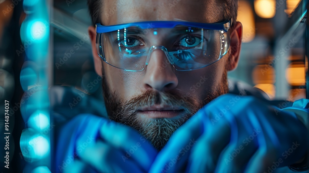An engineer implementing a new security protocol, wearing protective gloves and glasses, focused on security software, well-lit server room, neat and orderly environment. Warm lighting, An engineer implementing a new security protocol, wearing protective gloves and glasses, focused on security software, well-lit server room, neat and orderly environment. Warm lighting,