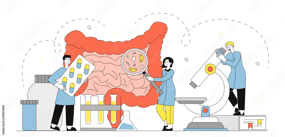 Naklejka premium Doctors with intestine. Man and woman in medical uniform with microscope studying intestines. Medical research in laboratory. Diagnosis and treatment. Linear vector illustration