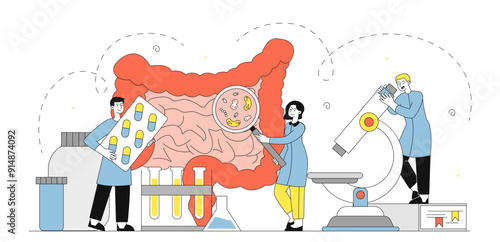 Doctors with intestine. Man and woman in medical uniform with microscope studying intestines. Medical research in laboratory. Diagnosis and treatment. Linear vector illustration