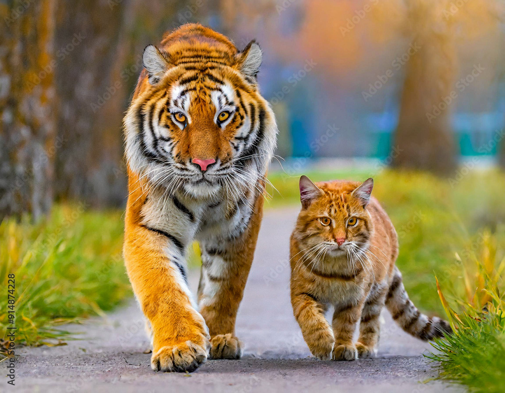 Fototapeta premium Animal friendship between a tiger and a cat walking together