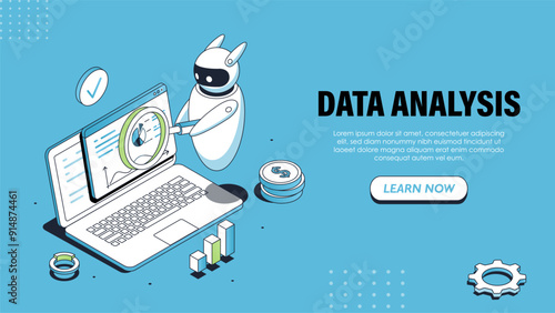 Isometric data analysis poster. Bot near laptop with charts. Artificial intelligence and machine learning. Virtual assistant with infographics. Landing webpage design. Linear vector illustration