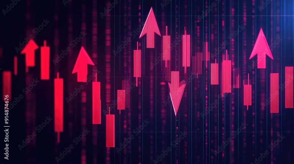 depicting a financial report with red arrows and declining bars representing a market crash or negative economic growth depicting a financial report with red arrows and declining bars representing a market crash or negative economic growth