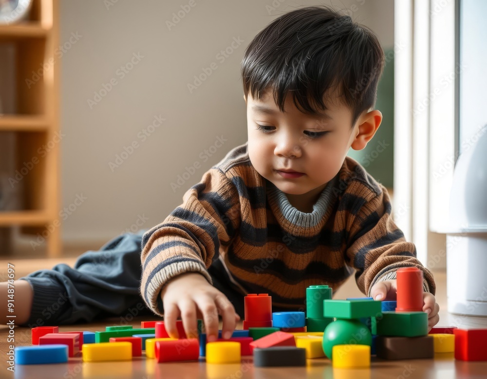 Young asian boy playing with colorful building blocks on the floor Young asian boy playing with colorful building blocks on the floor