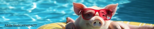 Playful pig in Trendy Red Sunglasses, Lazing on a Float in a Tropical Pool, Symbolizing Fun and Relaxation. photo