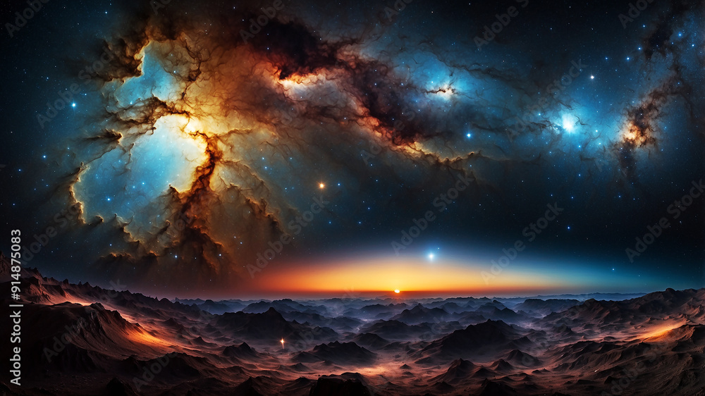 Fototapeta premium A stunning panorama of an alien landscape with vast nebulae swirling in the night sky stretching across the horizon, the distant sun casting a warm glow over the rocky, jagged mountains below.