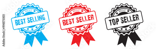 Best selling stamp in the rubber style set, best selling tags, seal tag, Best selling stamp with ribbon, Top badge, vector, award design
