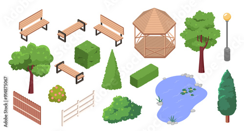 Isometric park set. Wooden benches, fences, bushes with flowers and trees. Gazebo, lantern and lake. Constructor for creating summer park. 3D vector collection